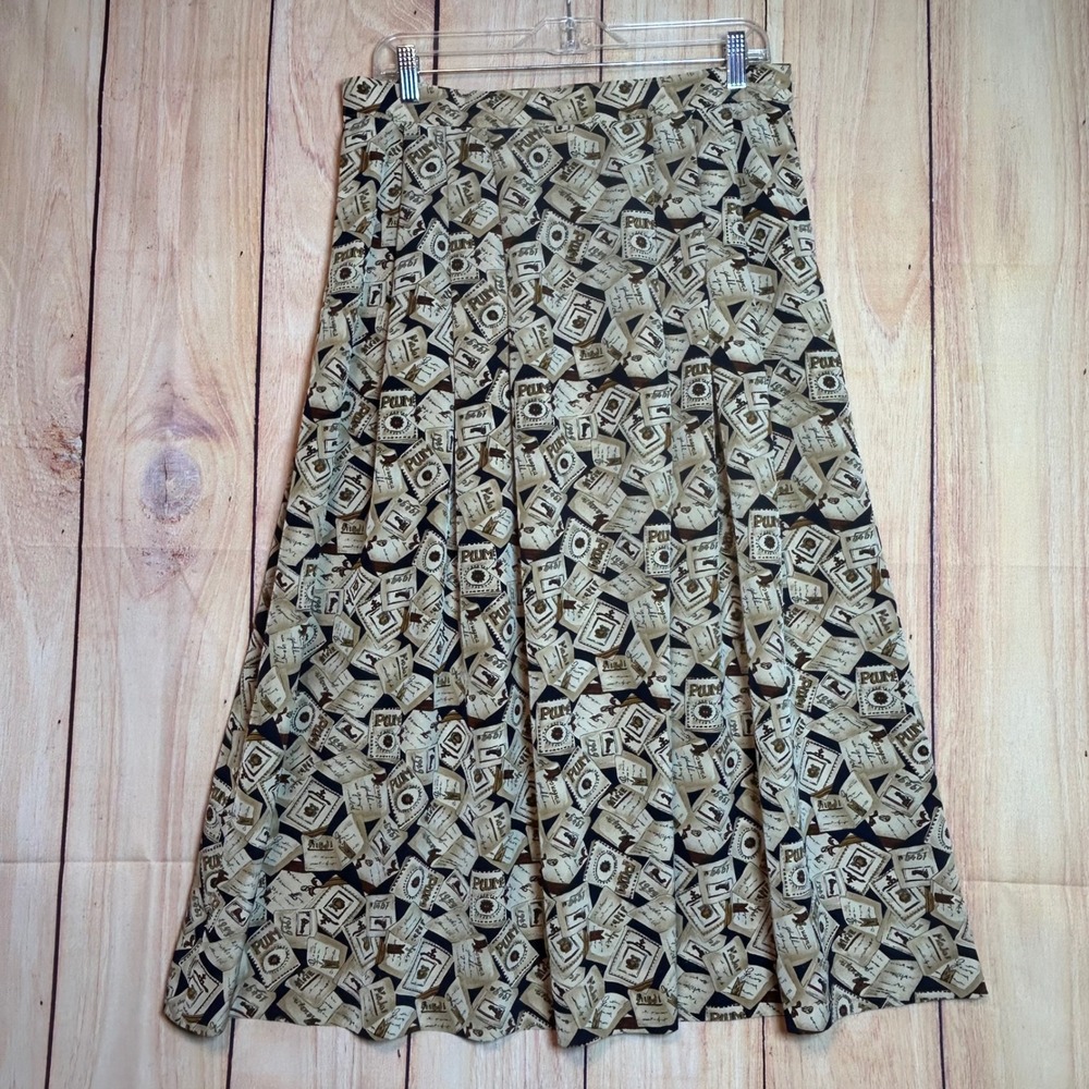 Pendleton‎ Pleaded Skirt Womens 14 Tan Postcard Novelty Print Midi Dark Academia